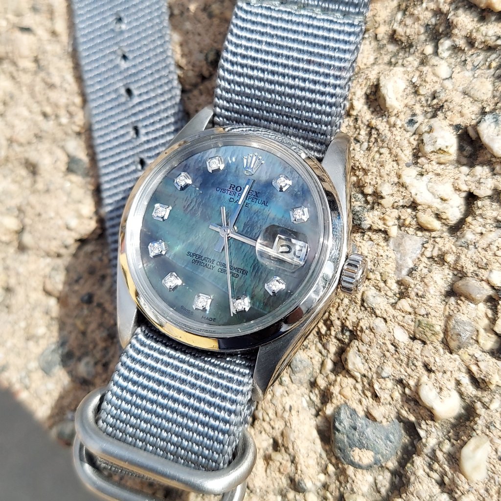 Rolex Unisex 34mm Date 1500 Black Mop Diamond On Silk Strap